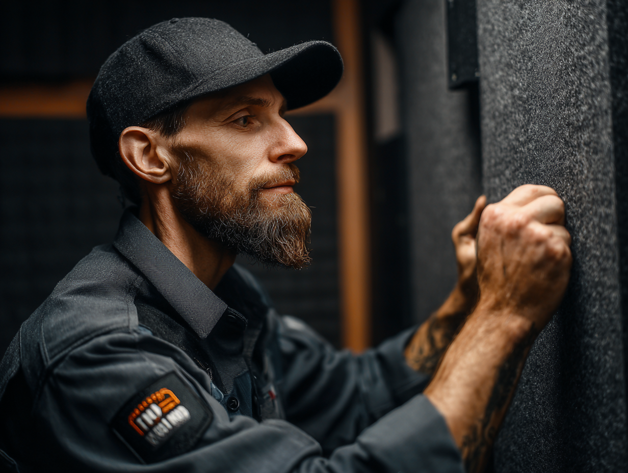 Technician installing acoustic treatment panel in sound studio